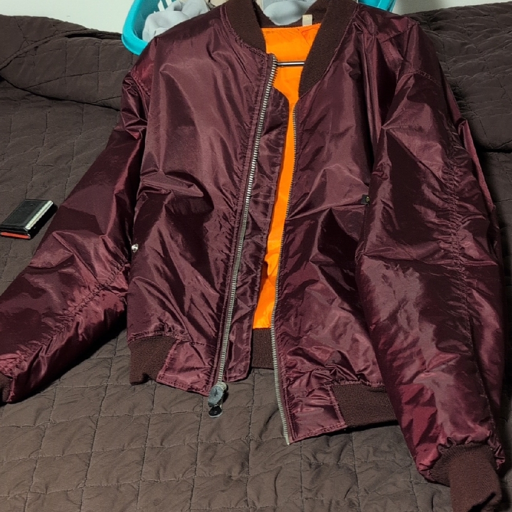 Men's Burgundy Bomber Jacket with Orange Lining